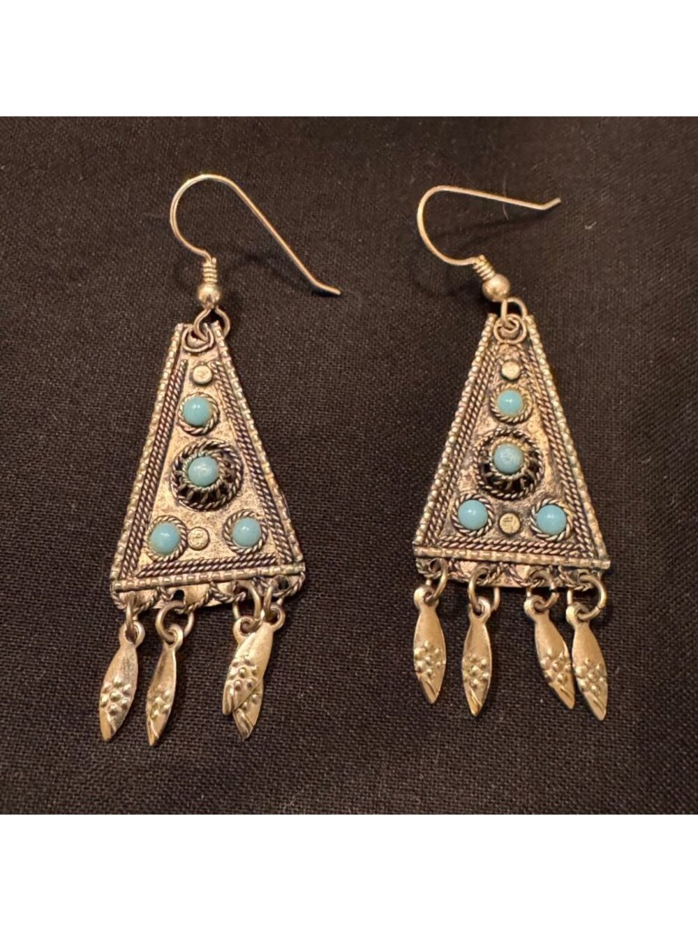 Sterling Silver 925 Turquoise Feather Design Dangle Earrings Size 2.25" Length